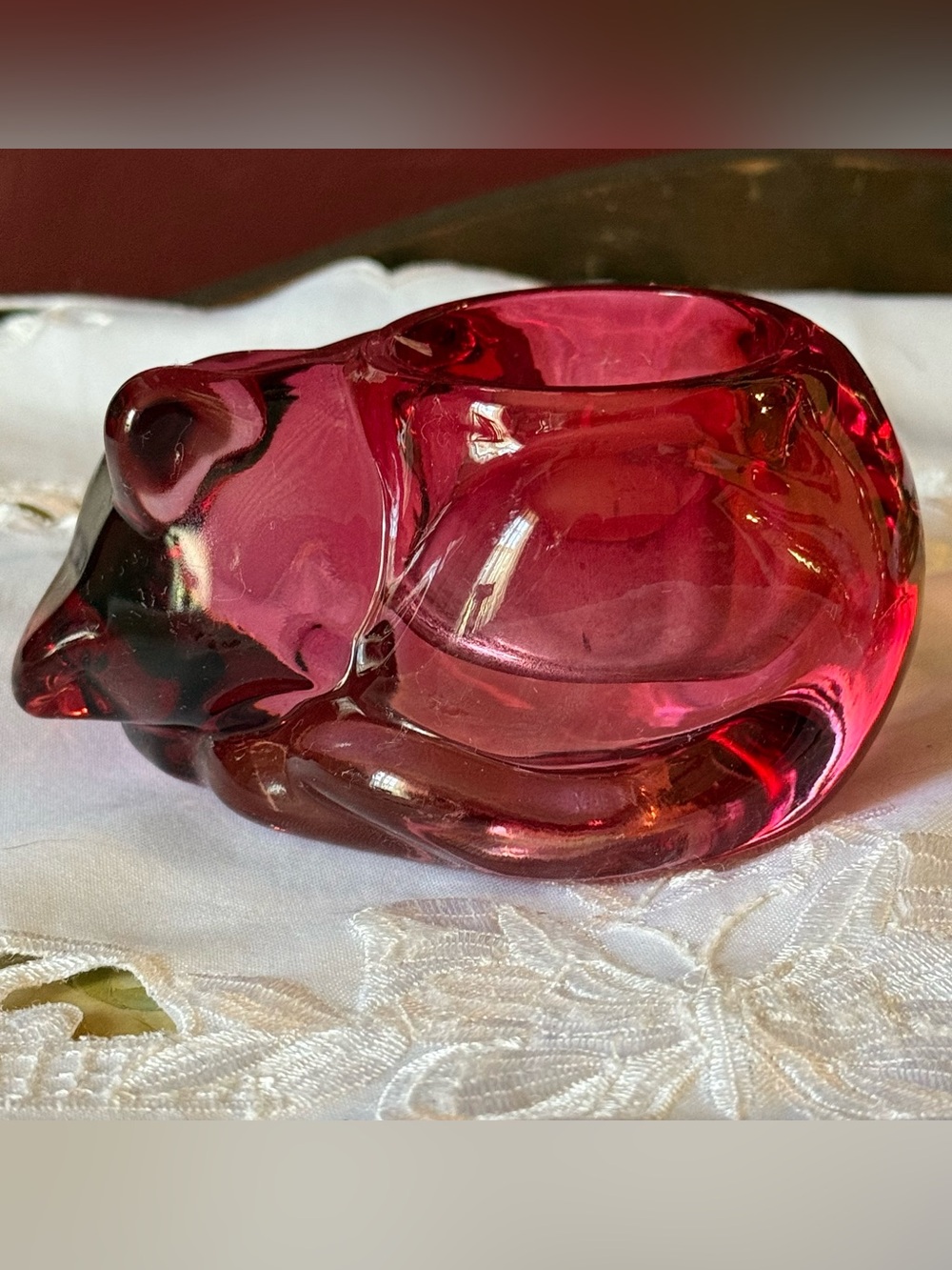 Vintage Indiana Glass Cranberry Red Glass Sleeping Kitty Cat Candle Holder